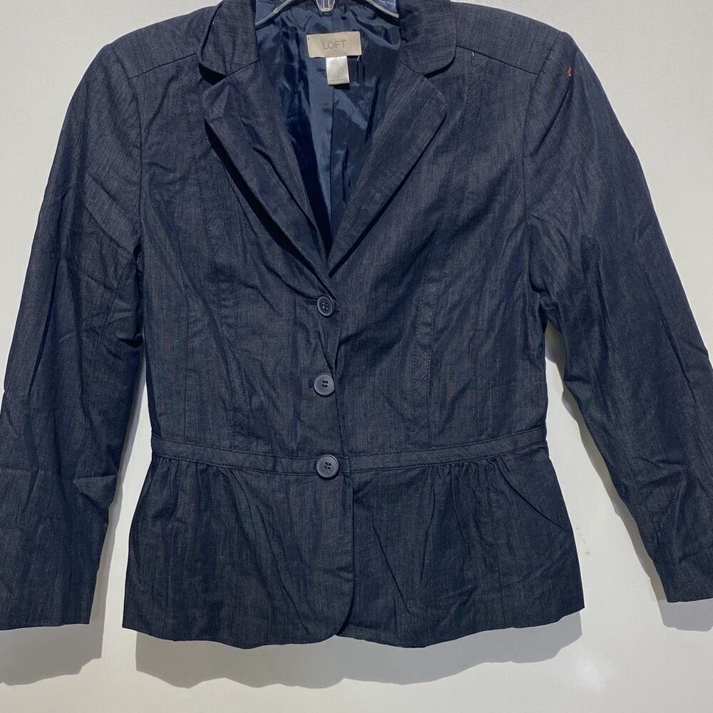 Loft Womens Dark Wash Denim Peplum Blazer Jacket Blue Size 4‎